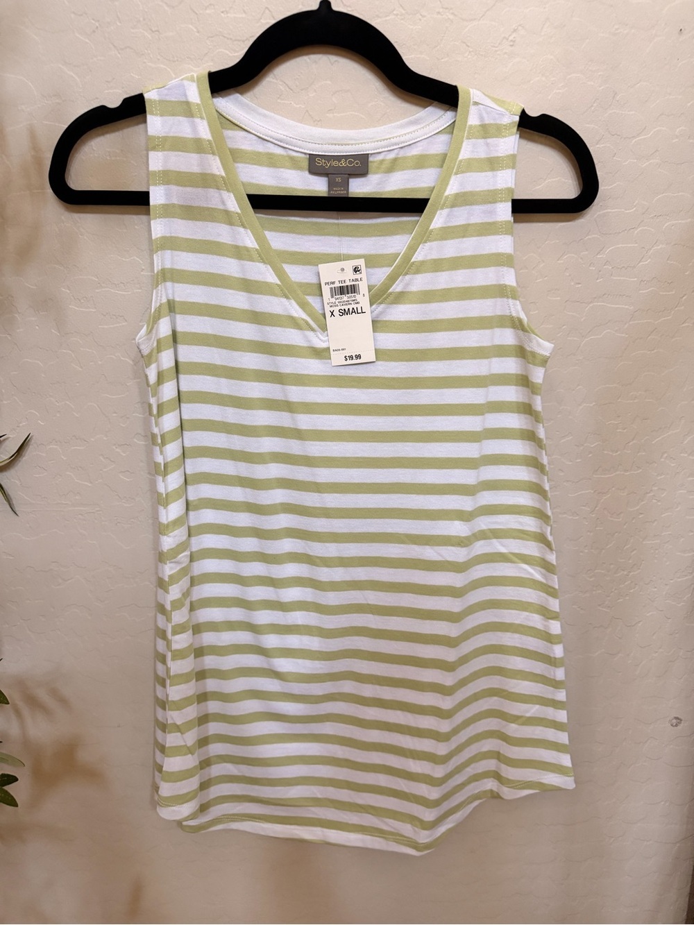 Style & Co. V-Neck Striped Tank Top - White & Light Green